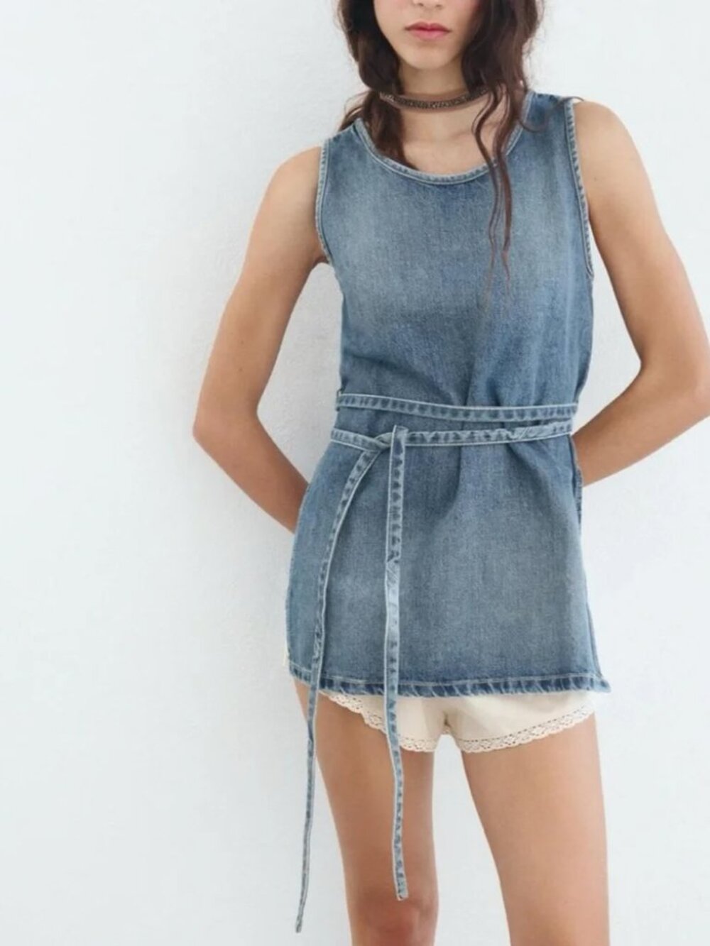 Zara TRF belted denim top Blue Size Small